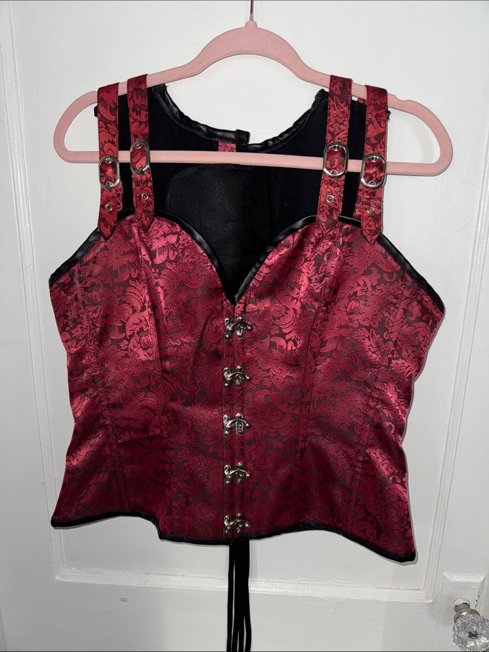 Red Brocade Corset Top with Buckle Straps